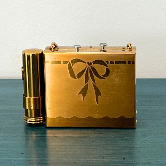 Vintage Art Deco Gold Tone Cigarette Lipstick Compact Case Vanity Make Up Purse - Picture 2 of 12